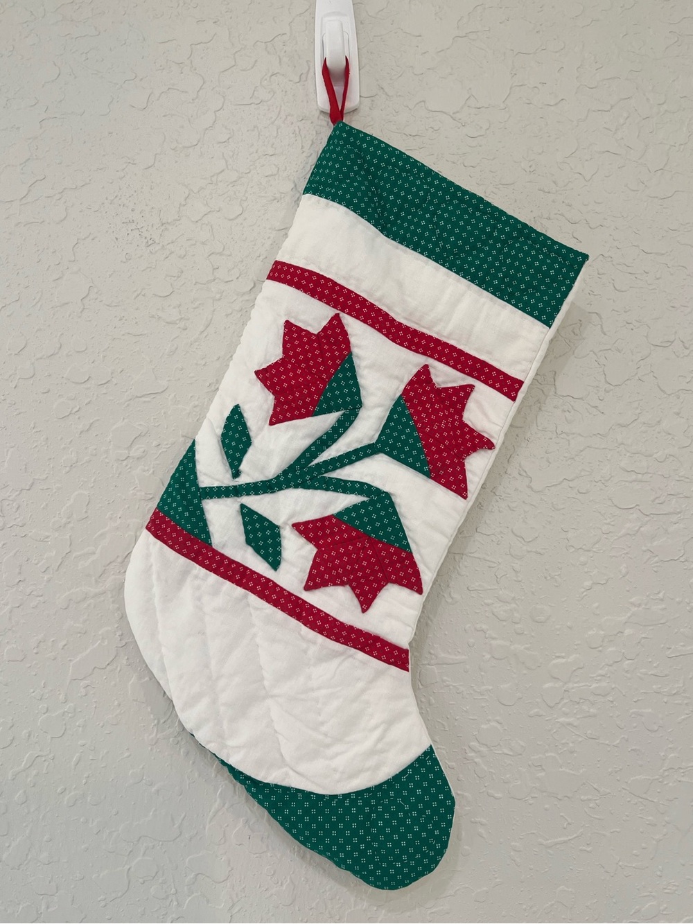 Handmade Quilted Christmas Stocking Floral Appliqué Red Green - Picture 2 of 9